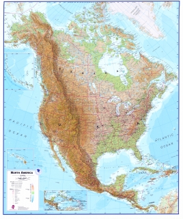 nástenná mapa Amerika severná fyzická 120x100cm lamino, lišty