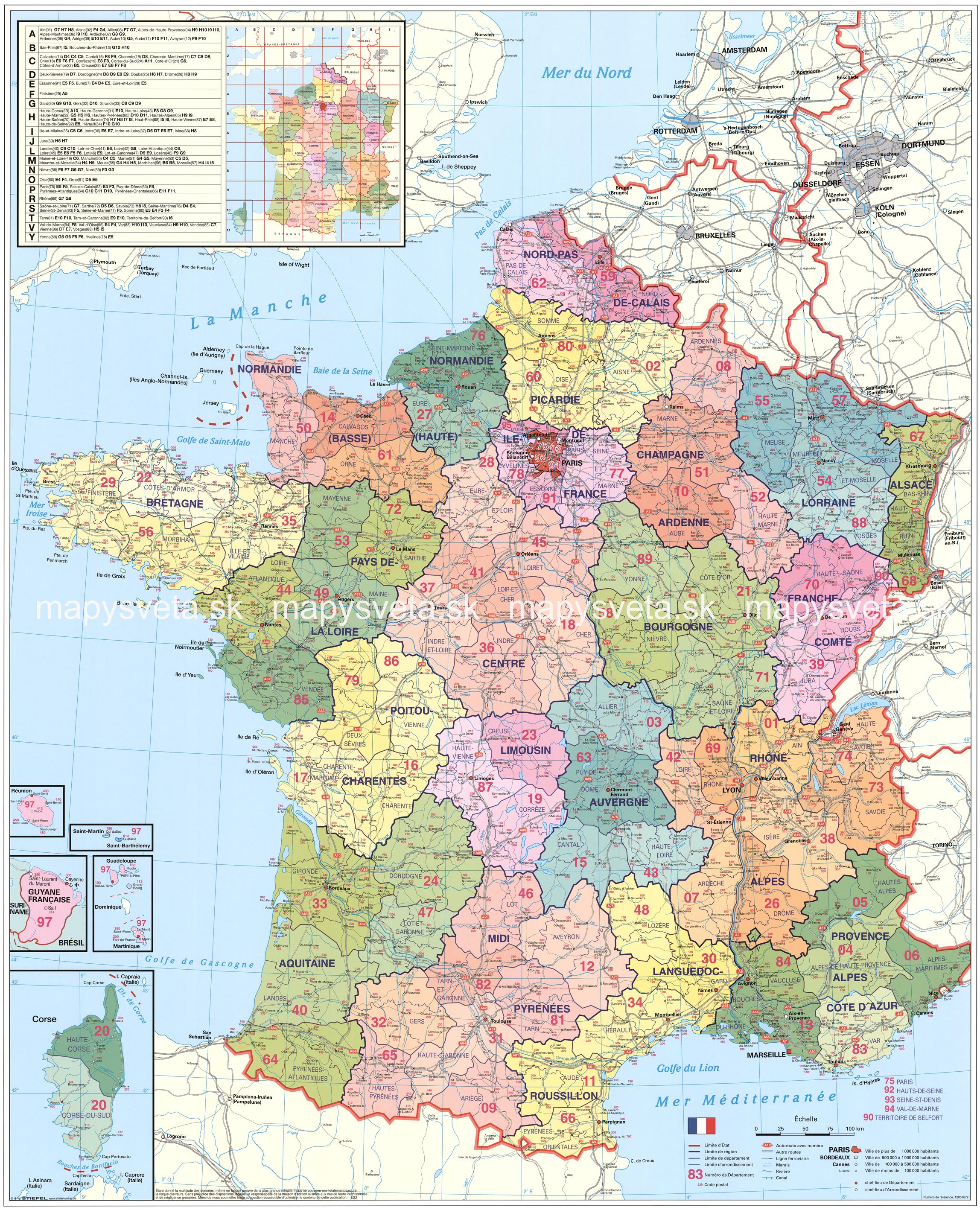 Francúzsko PSČ 97x137cm lamino zapichovacia bez rámu nástenná mapa