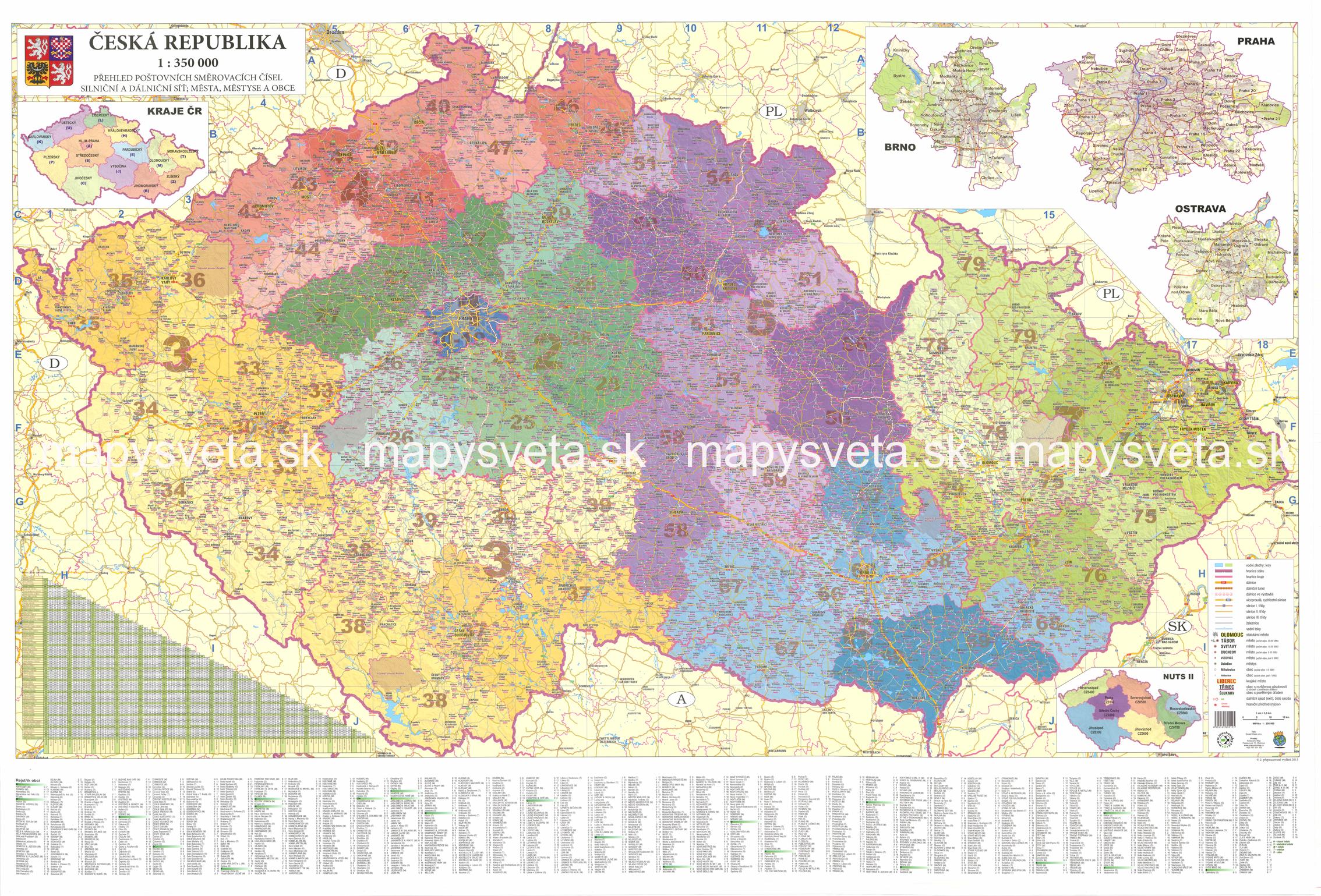 Česká republika PSČ 90x135cm lamino zapichovacia bez rámu nástenná mapa