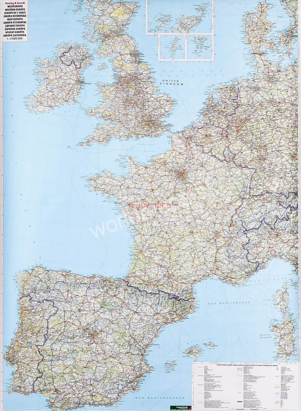 nástenná mapa Európa ZÁPAD cestná 88x122cm lamino s plastovými lištami