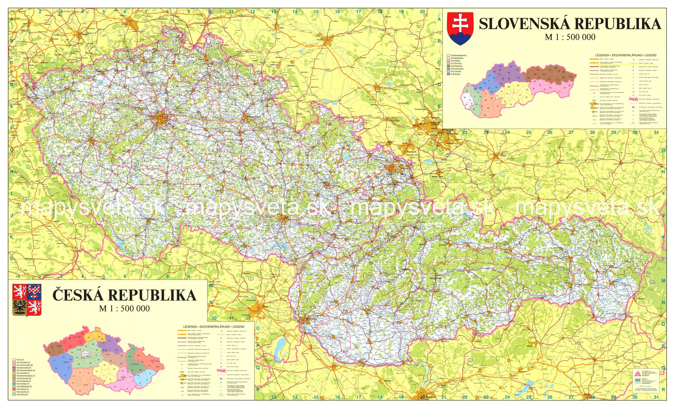Česko a Slovensko automapa 110x160cm lamino zapichovacia bez rámu nástenná mapa