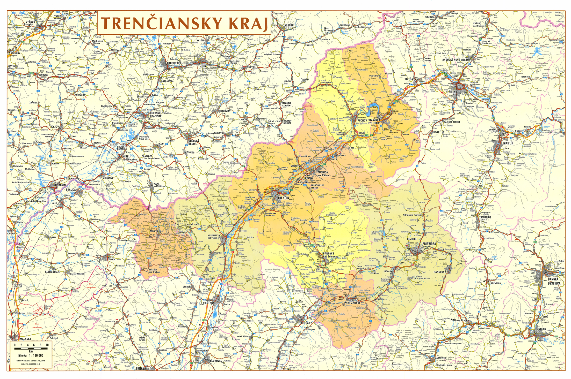 nástenná mapa Trenčiansky kraj administratívne členenie 66x96cm lamino, lišty