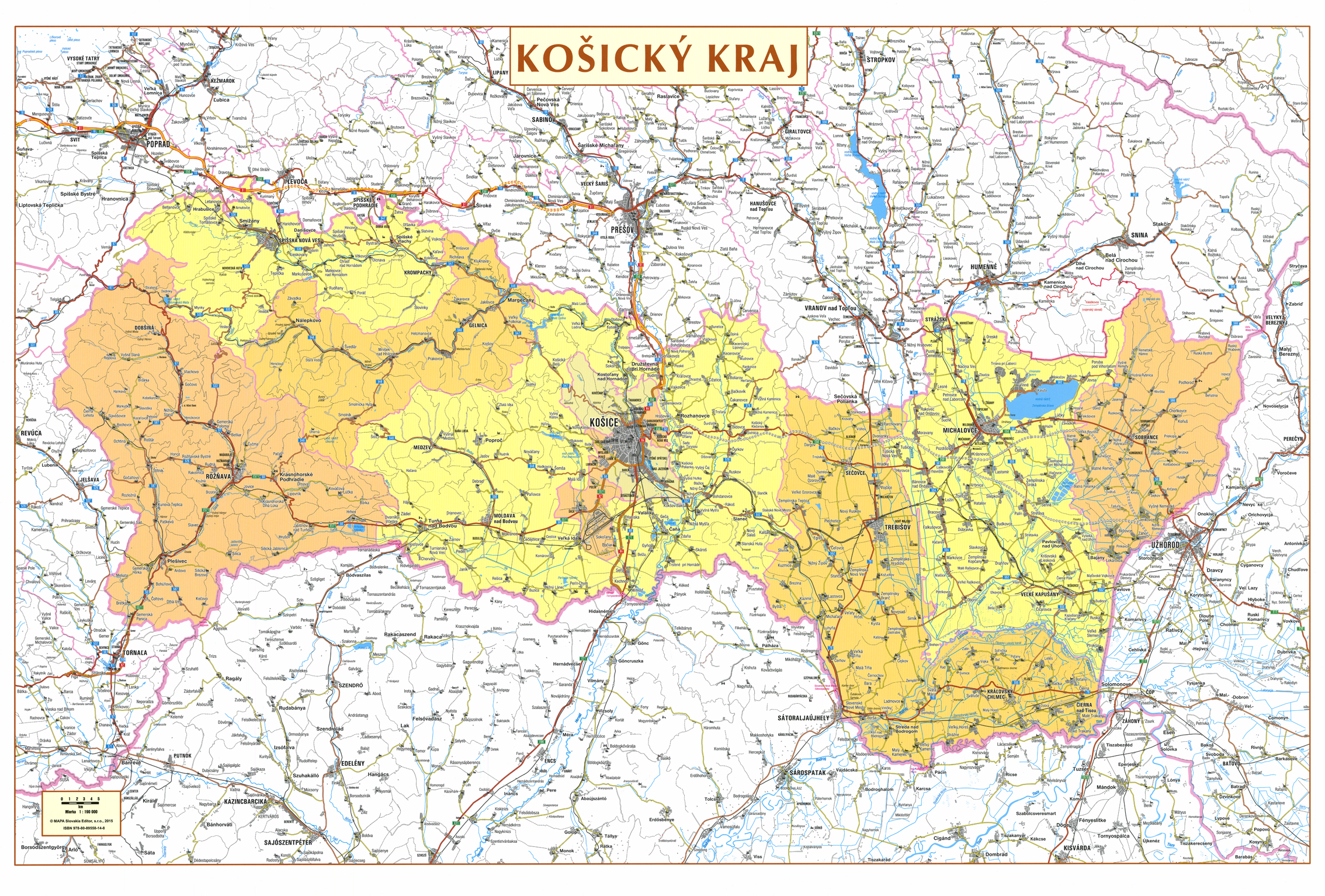 nástenná mapa Košický kraj administratívne členenie 66x96cm lamino, lišty