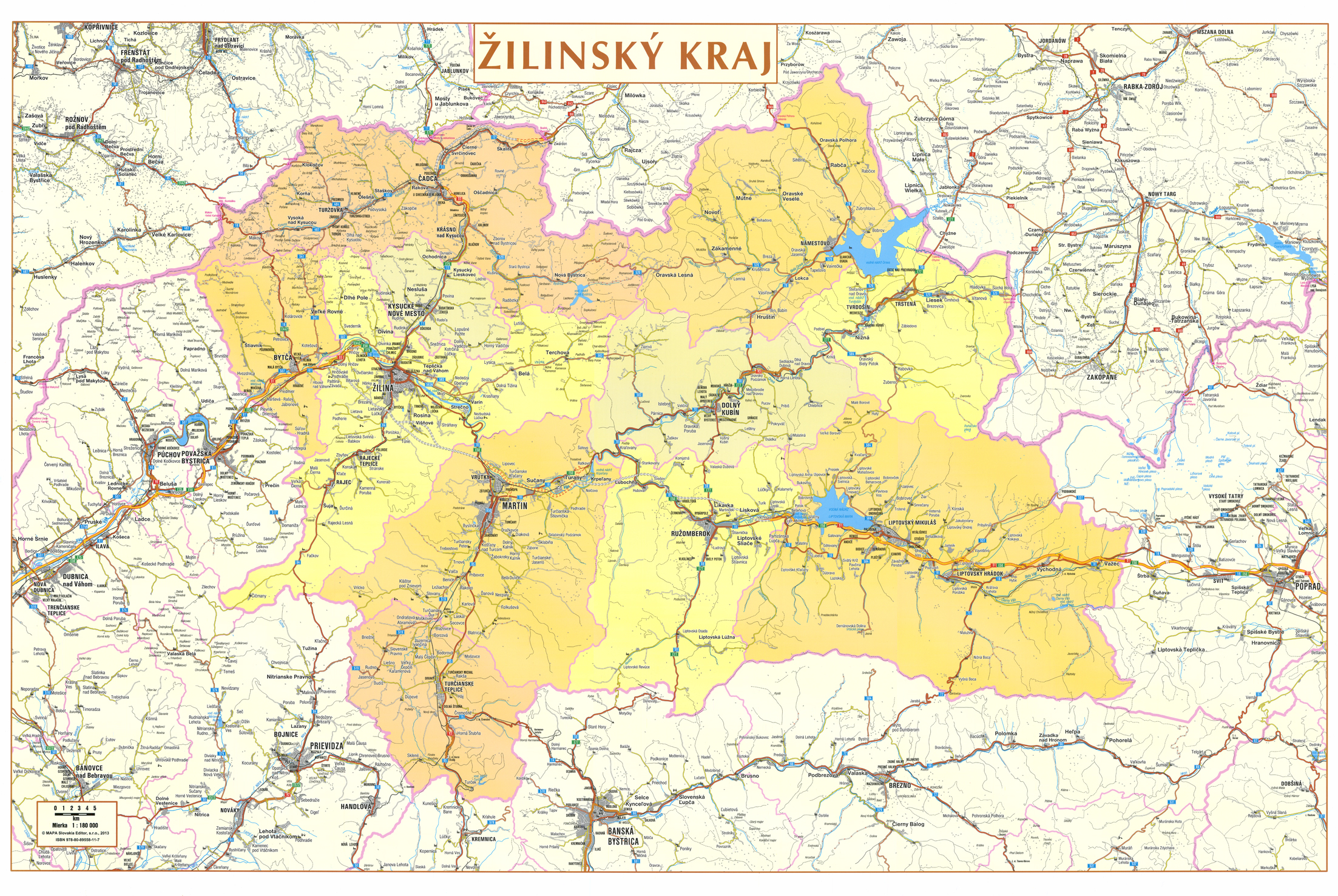 nástenná mapa Žilinský kraj administratívne členenie 66x96cm lamino, lišty