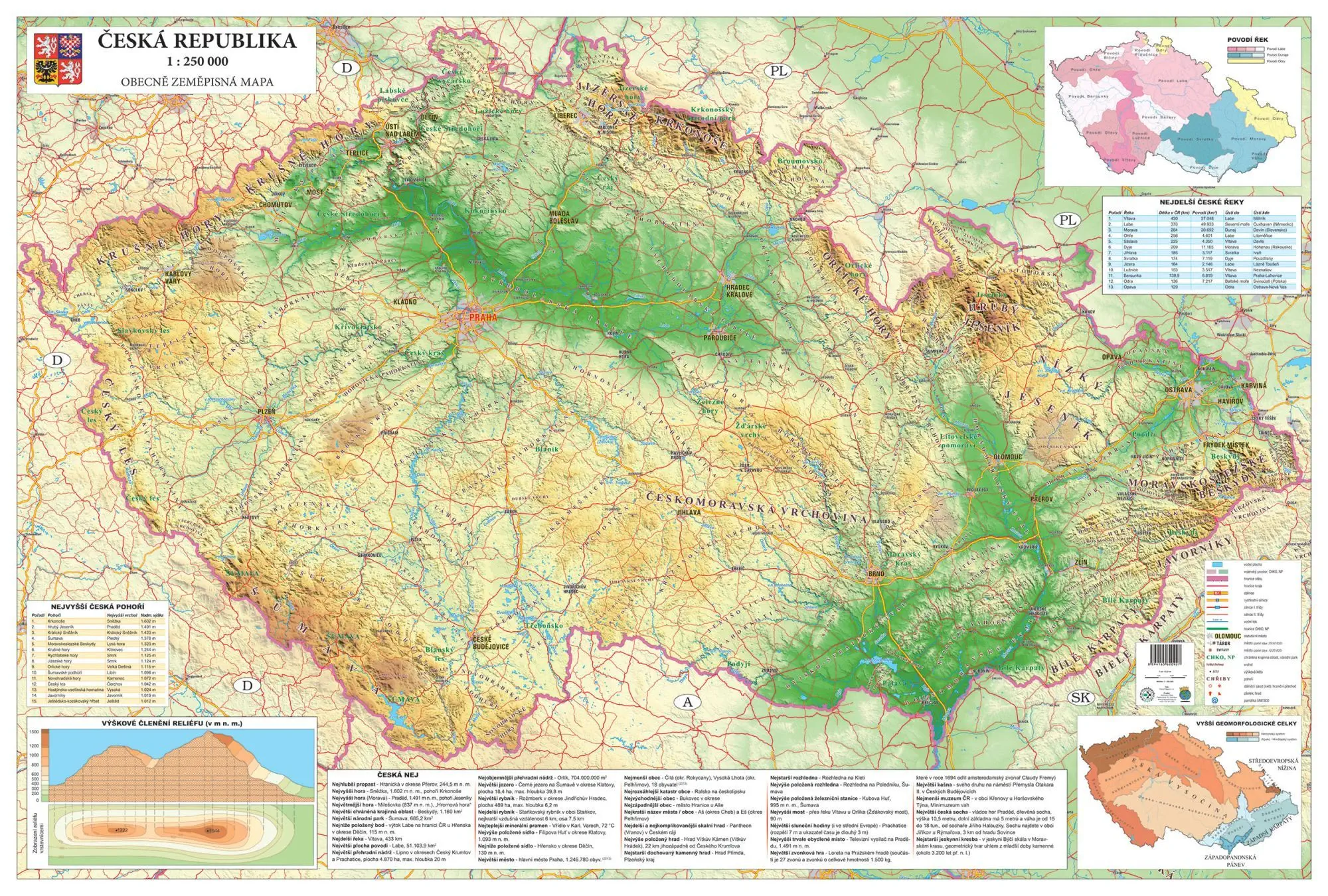 Česká republika zemepisná 140x200cm lamino, lišty nástenná mapa