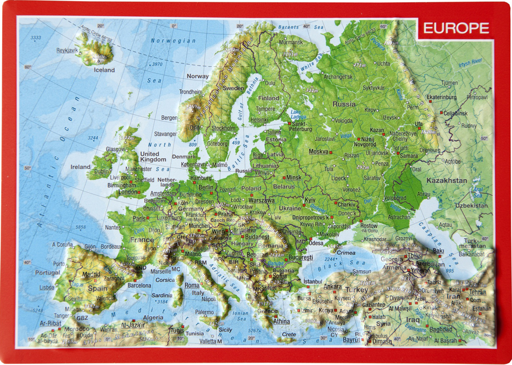 mapa Európa reliéfna 3D mapka 10,5x14,8cm