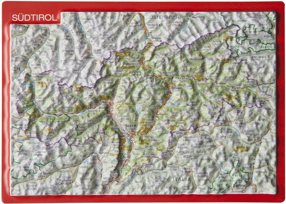 Južné Tirolsko (Taliansko, Südtirol) reliéfna 3D mapka 10,5x14,8cm