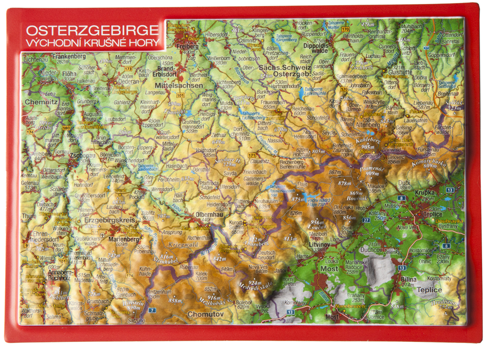 Krušné Hory východ (Česko,Nemecko Osterzgebirge) reliéfna 3D mapka 10,5x14,8cm