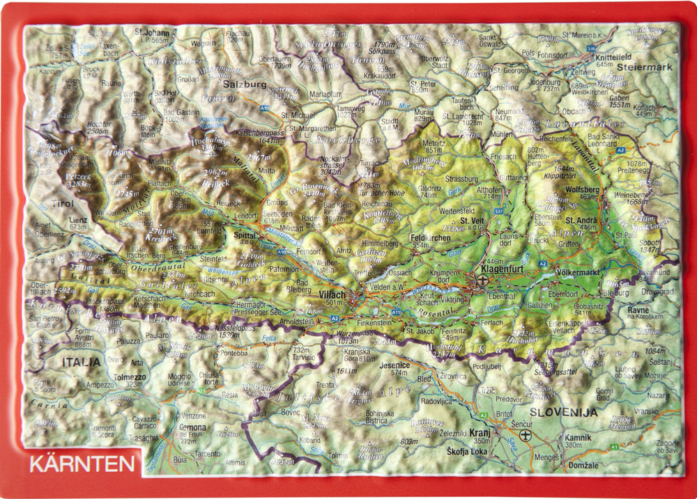 Korutánsko (Rakúsko, Carinthia, Kärnten) reliéfna 3D mapka 10,5x14,8cm