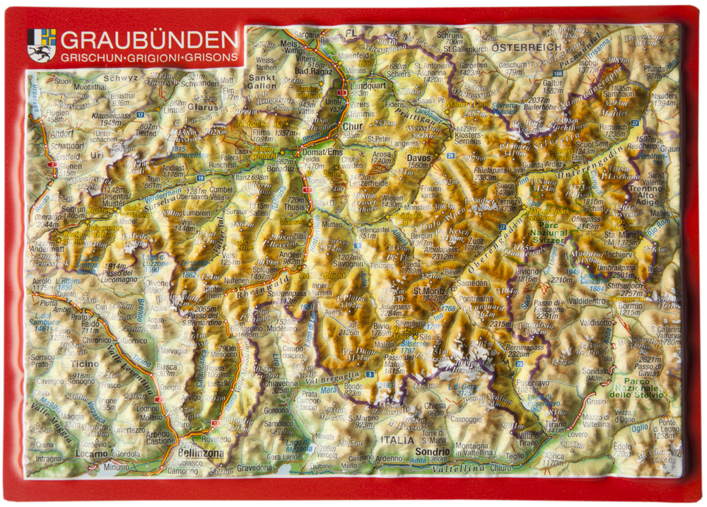 Graubünden kantón (Švajčiarsko) reliéfna 3D mapka 10,5x14,8cm