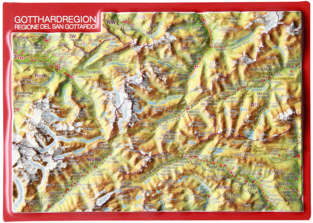 St.Gotthard región (Švajčiarsko) reliéfna 3D mapka 10,5x14,8cm