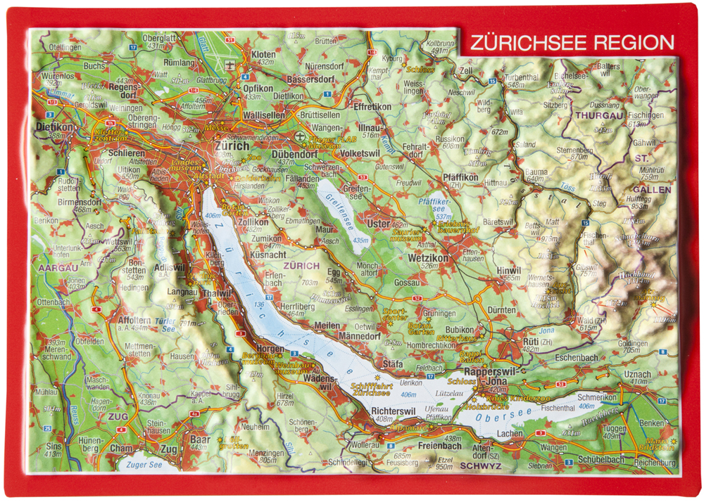 Zurich okolie jazera (Švajčiarsko) reliéfna 3D mapka 10,5x14,8cm