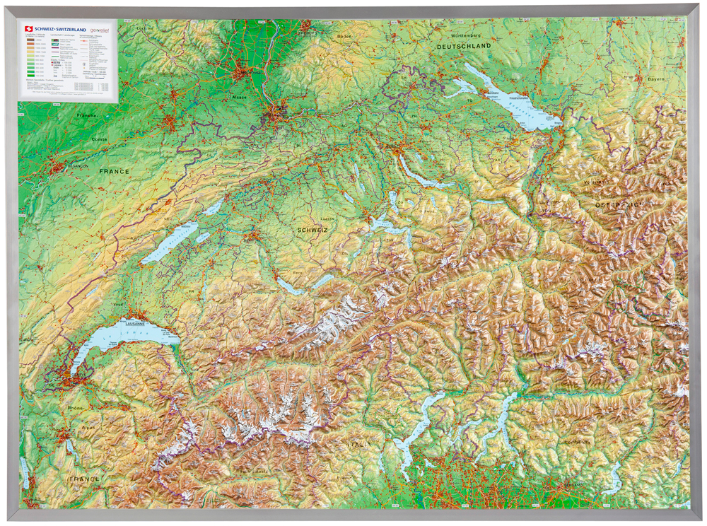 Švajčiarsko reliéfna 3D mapa 57x77cm