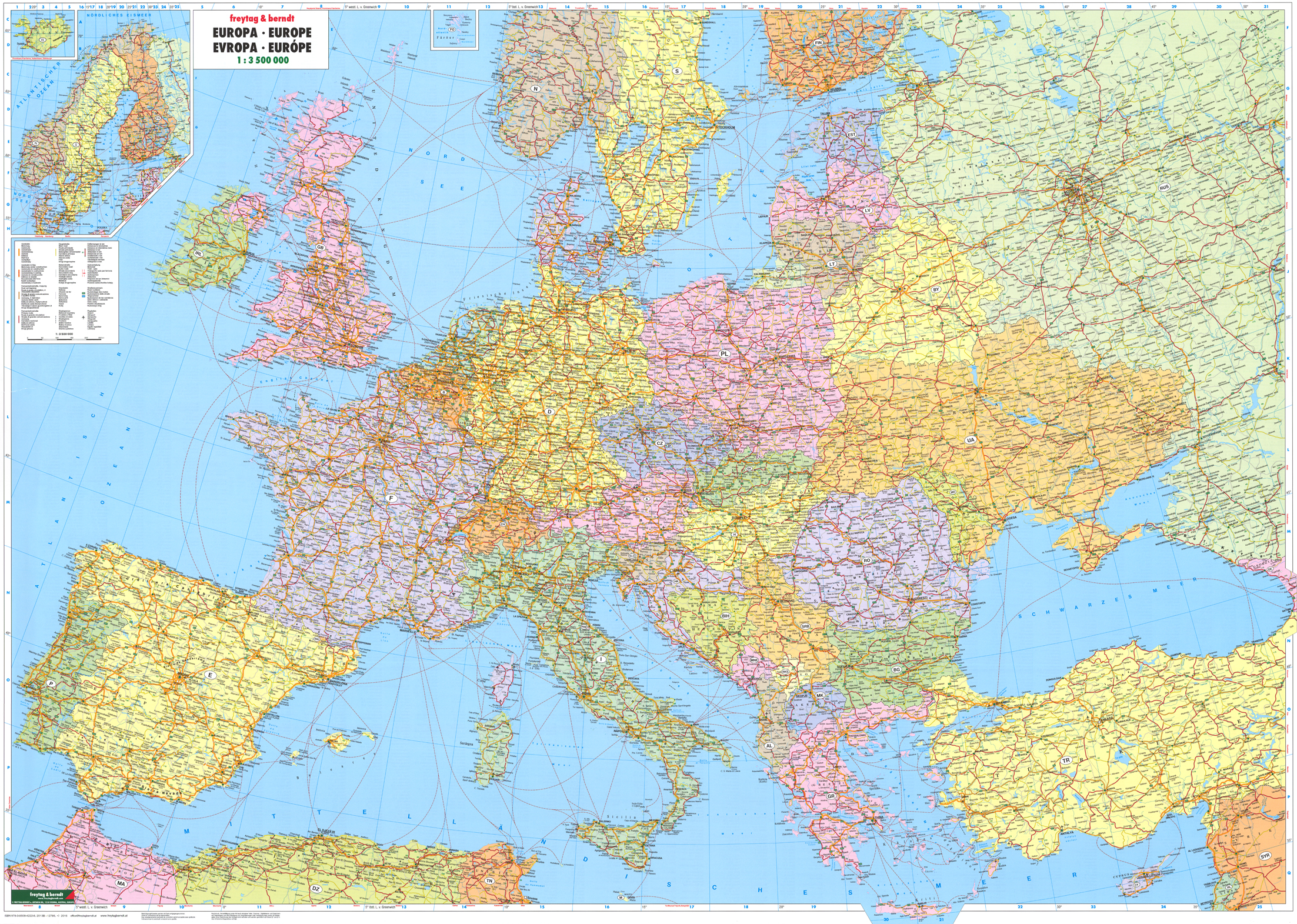 nástenná mapa Európa politická s cestnou sieťou 90x126cm 3,5mil lamino, lišty