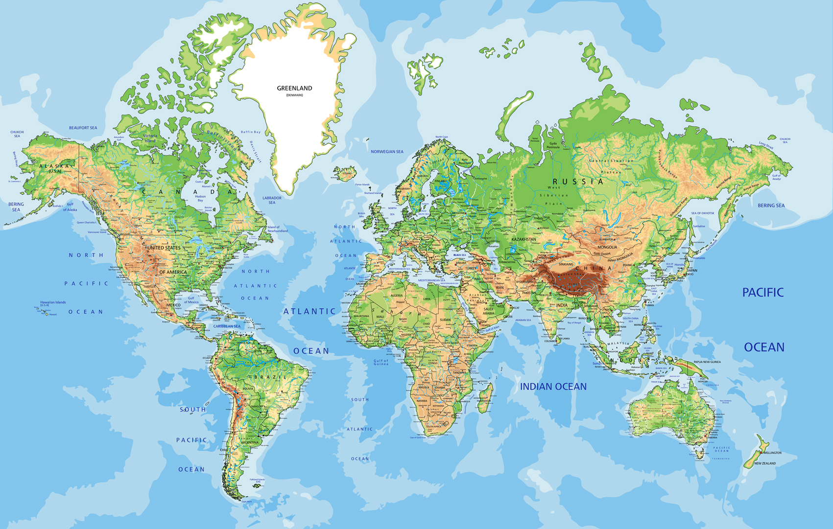 nástenná mapa Svet fyzický BLUE tapeta 150x235cm / anglicky