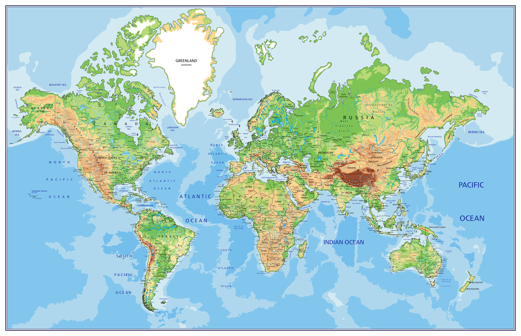 nástenná mapa Svet fyzický BLUE tapeta 240x378cm / anglicky