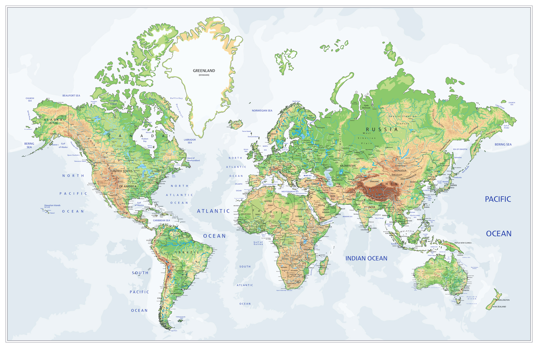 nástenná mapa Svet fyzický GENTLE 120x186cm lamino, lišty