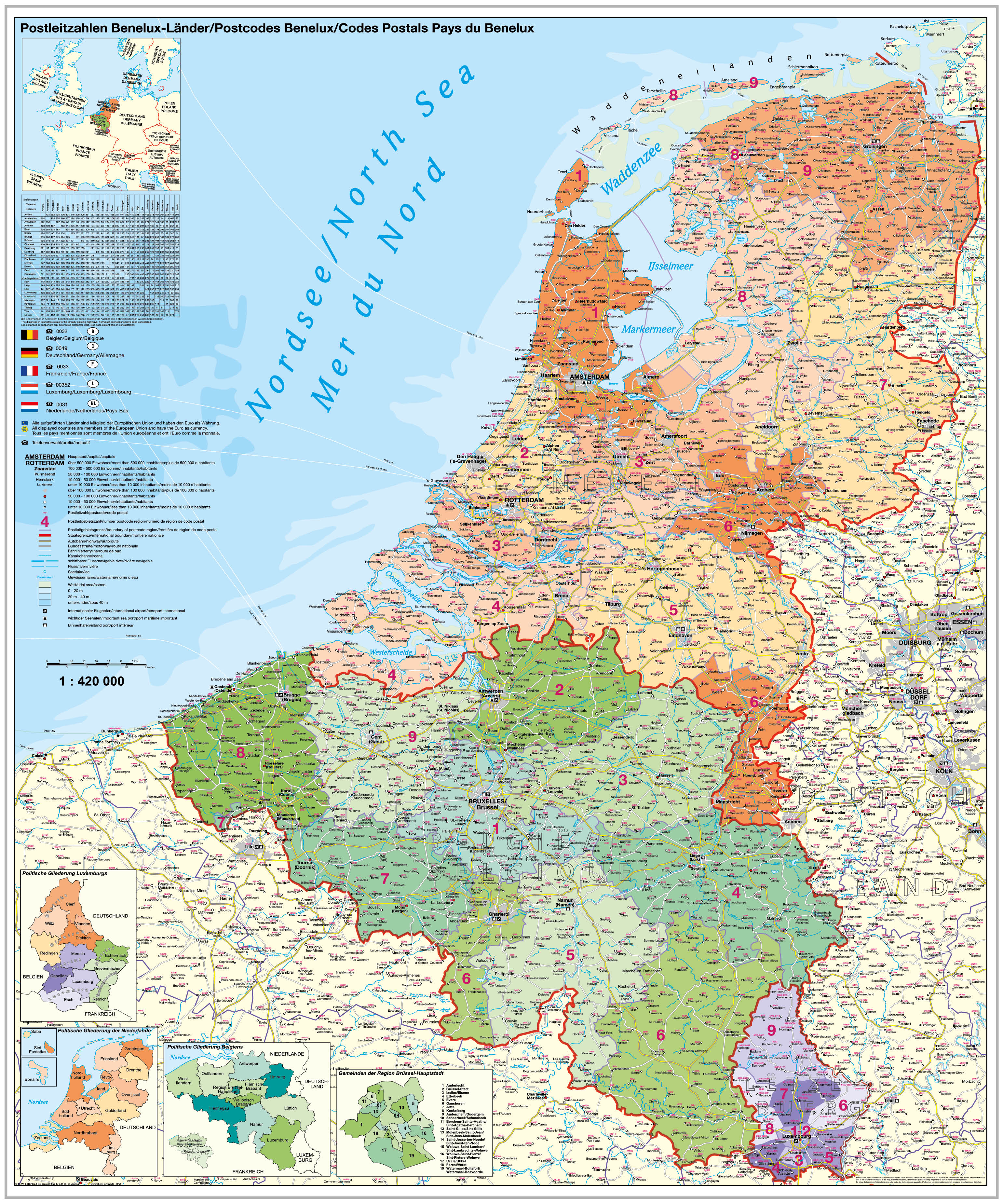 Benelux PSČ 140x100cm lamino zapichovacia bez rámu nástenná mapa