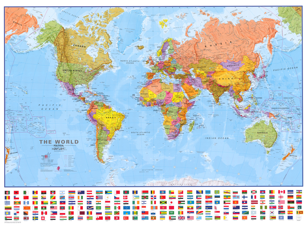 nástenná mapa Svet Terra politický s vlajkami 100x136cm, zapichovací v ráme