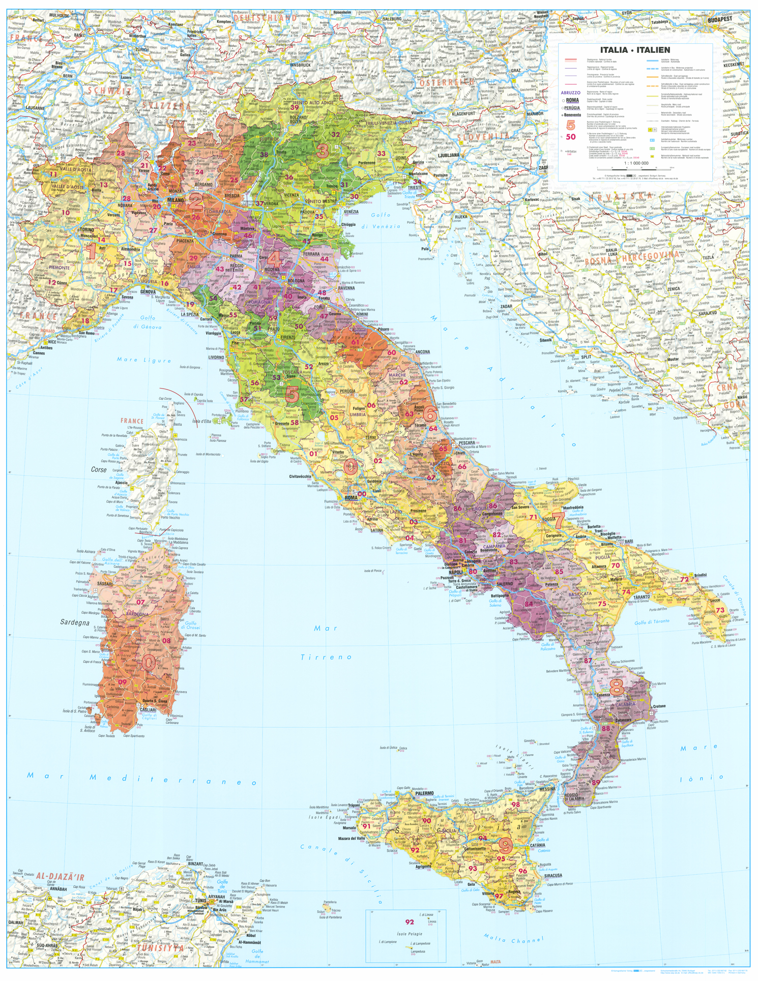 nástenná mapa Taliansko PSČ III. 139,5x98cm lamino, lišty