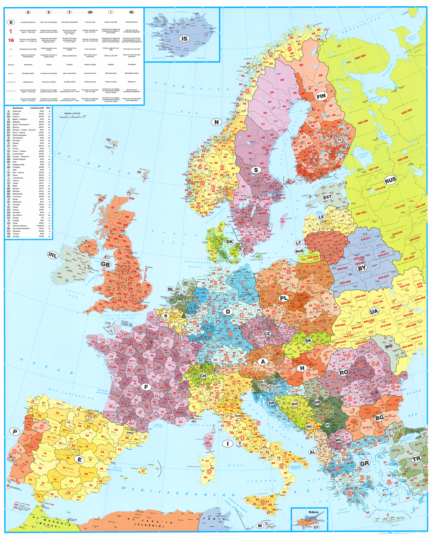 Európa PSČ III. 137,5x98cm lamino zapichovacia bez rámu nástenná mapa 