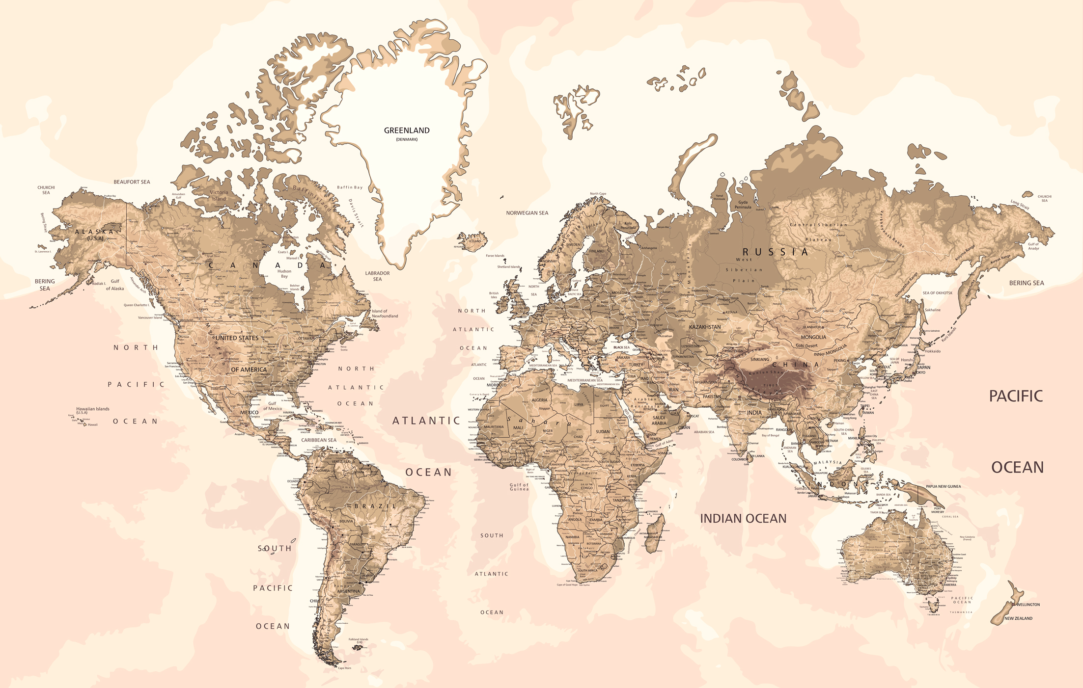 nástenná mapa Svet SÉPIA tapeta 240x378cm / anglicky