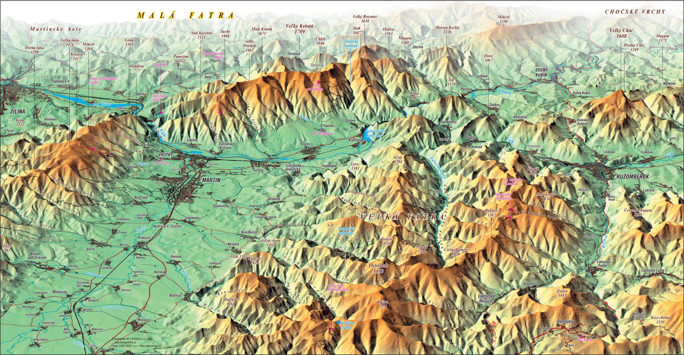 nástenná mapa Malá a Veľká Fatra 52x100cm panoramatická lamino, lišty