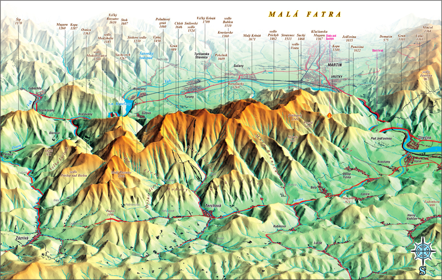 nástenná mapa Malá Fatra od severu 70x100cm panoramatická lamino,lišty