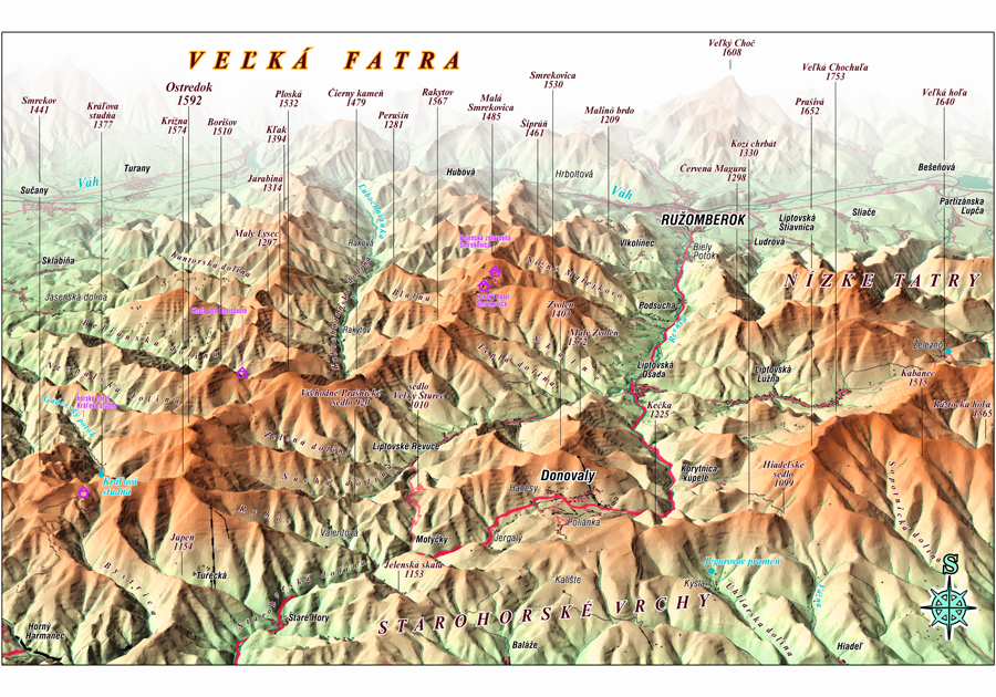 nástenná mapa Veľká Fatra 70x100cm panoramatická lamino, lišty
