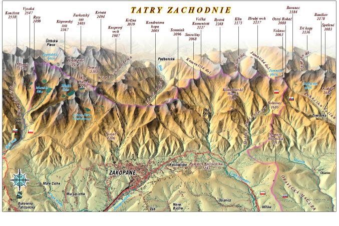 nástenná mapa Tatry zachodnie 70x100cm panoramatická lamino,lišty