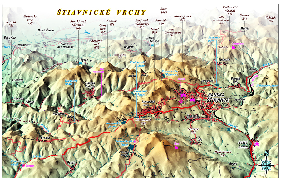 nástenná mapa Štiavnické vrchy 65x100cm panoramatická lamino, lišty