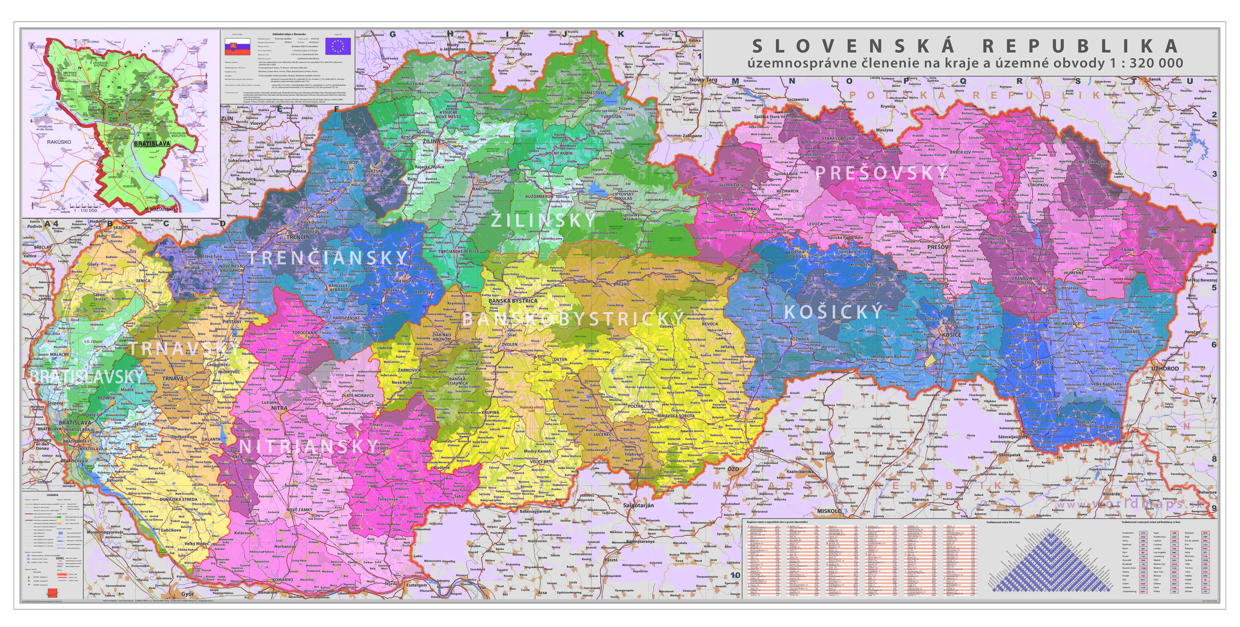 nástenná mapa Slovensko kraje a obvody 1:320tis,70x140cm lamino,lišty / r.2020