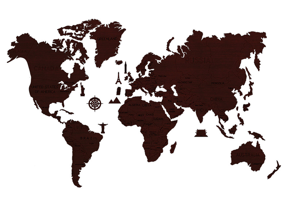 World Wood Map XL DARK OAK 80x120cm svet drevená nástenná mapa 3D puzzle /angl