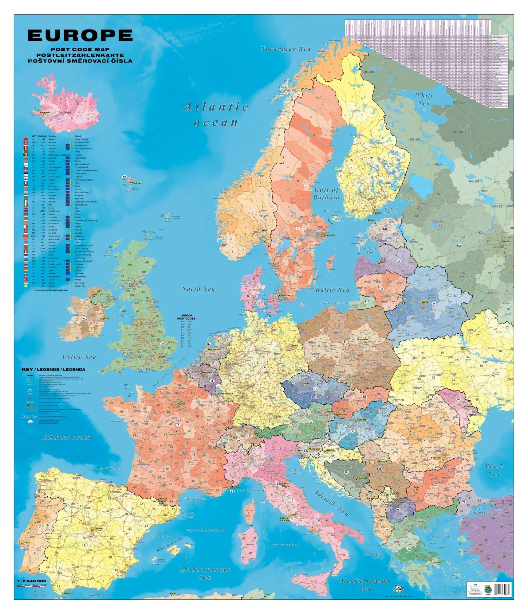Európa PSČ Obria 160x135cm lamino, plastové lišty nástenná mapa 