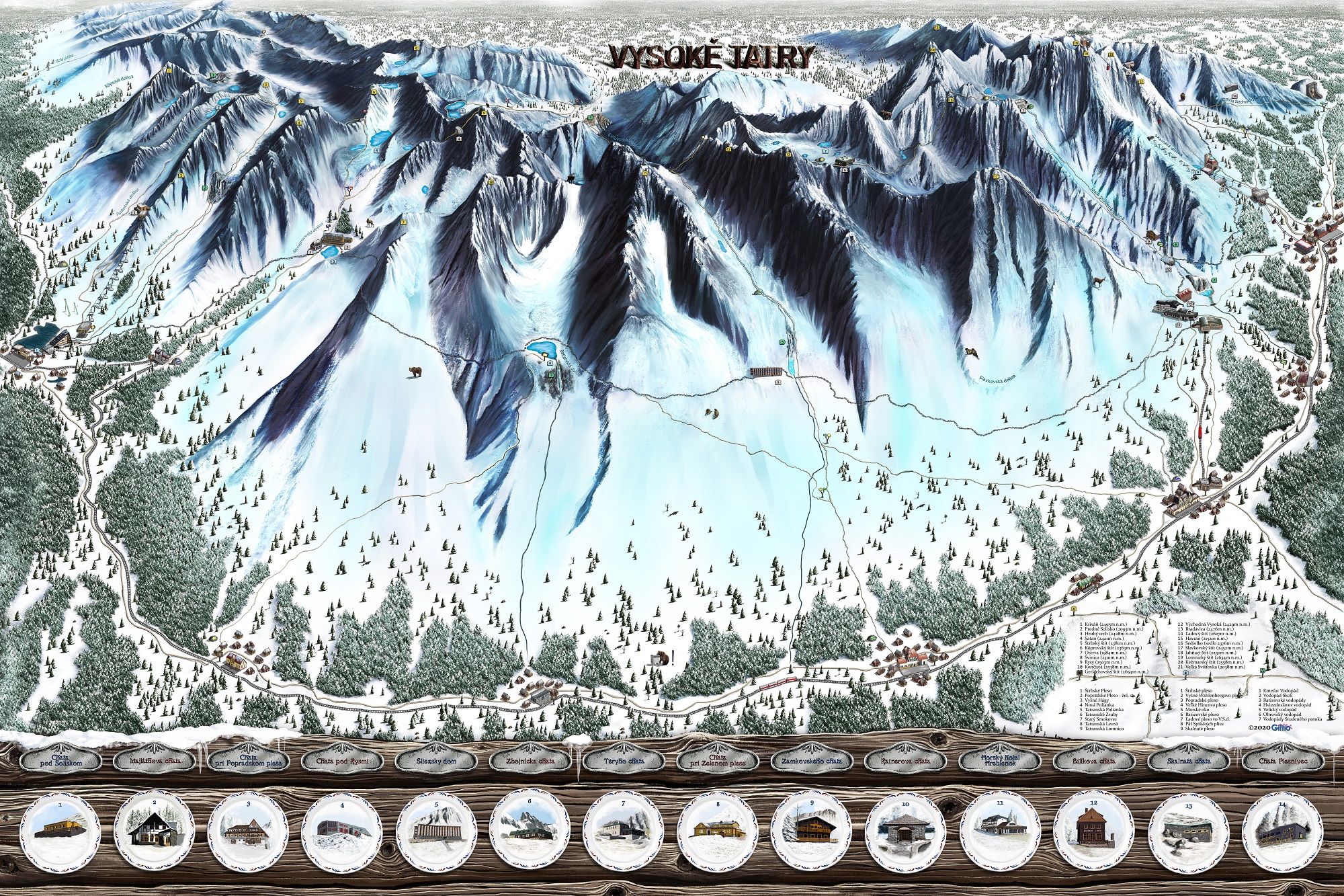 Vysoké TATRY DELUXE XL zimná nástenná stieracia mapa 90x60cm + tubus / slov