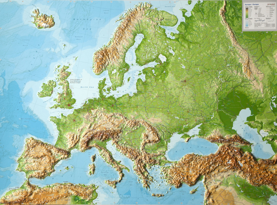 nástenná mapa reliéfna 3D Európa 82x60cm / anglicky