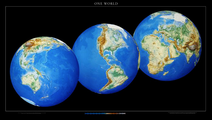 nástenná mapa One World svet fyzický 88x158cm lamino v drevenom čiernom ráme