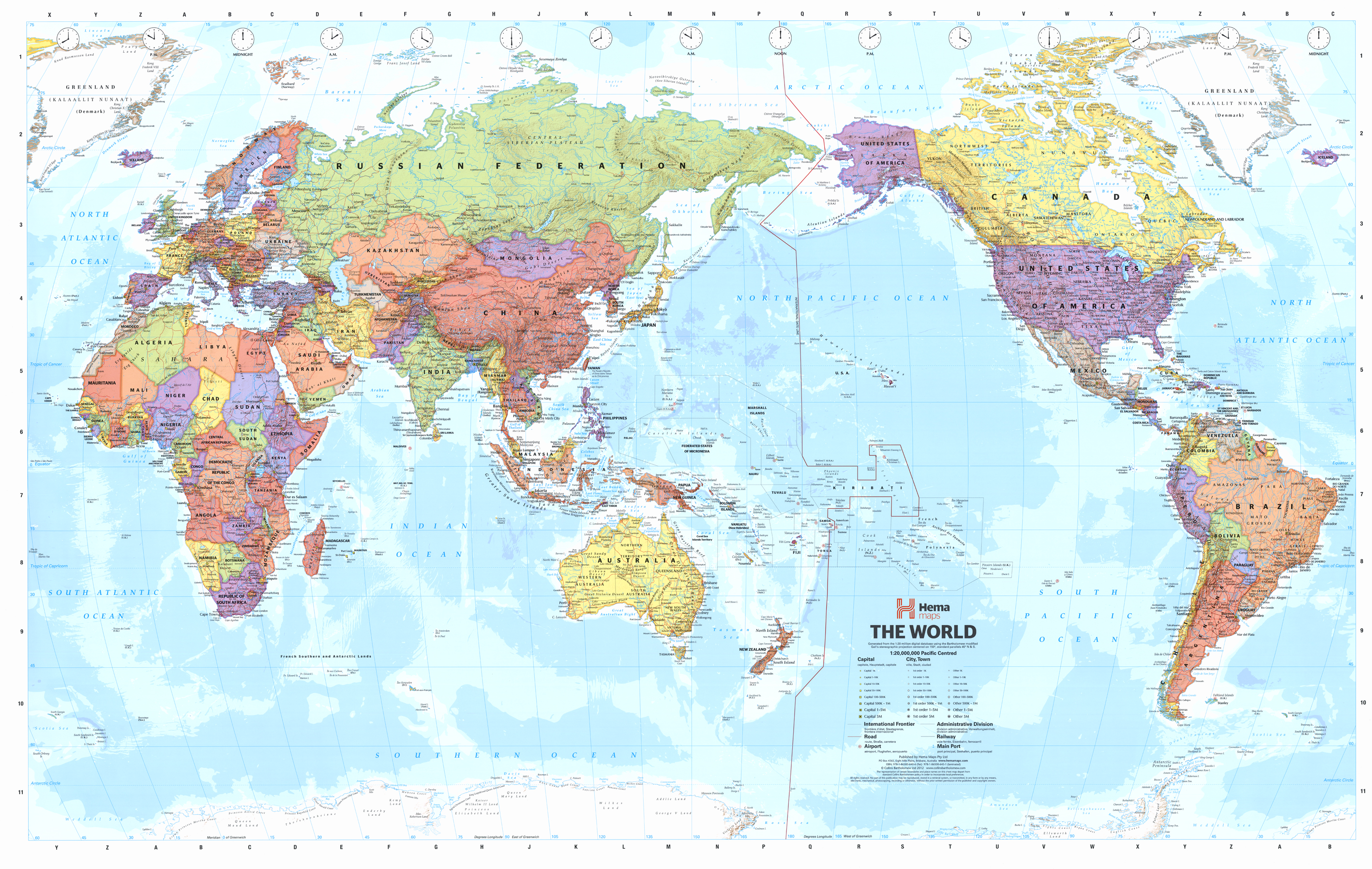 nástenná mapa Svet politický pacifik v strede,časové pásma 99x155cm lamino,lišty