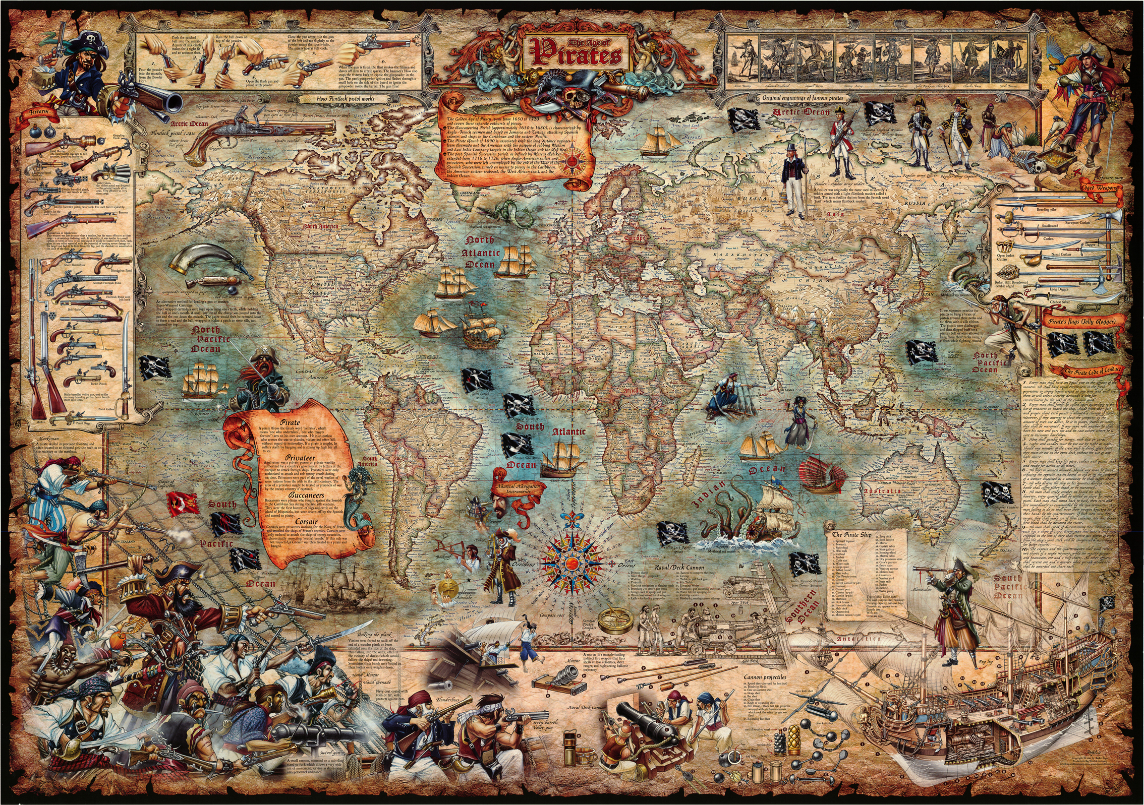 nástenná mapa Svet piráti 85x120cm lamino, lišty / anglicky