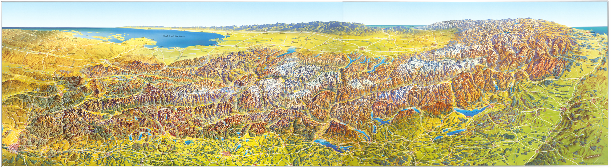 nástenná mapa Alpy panoramatické XL 61x215cm lamino, lišty