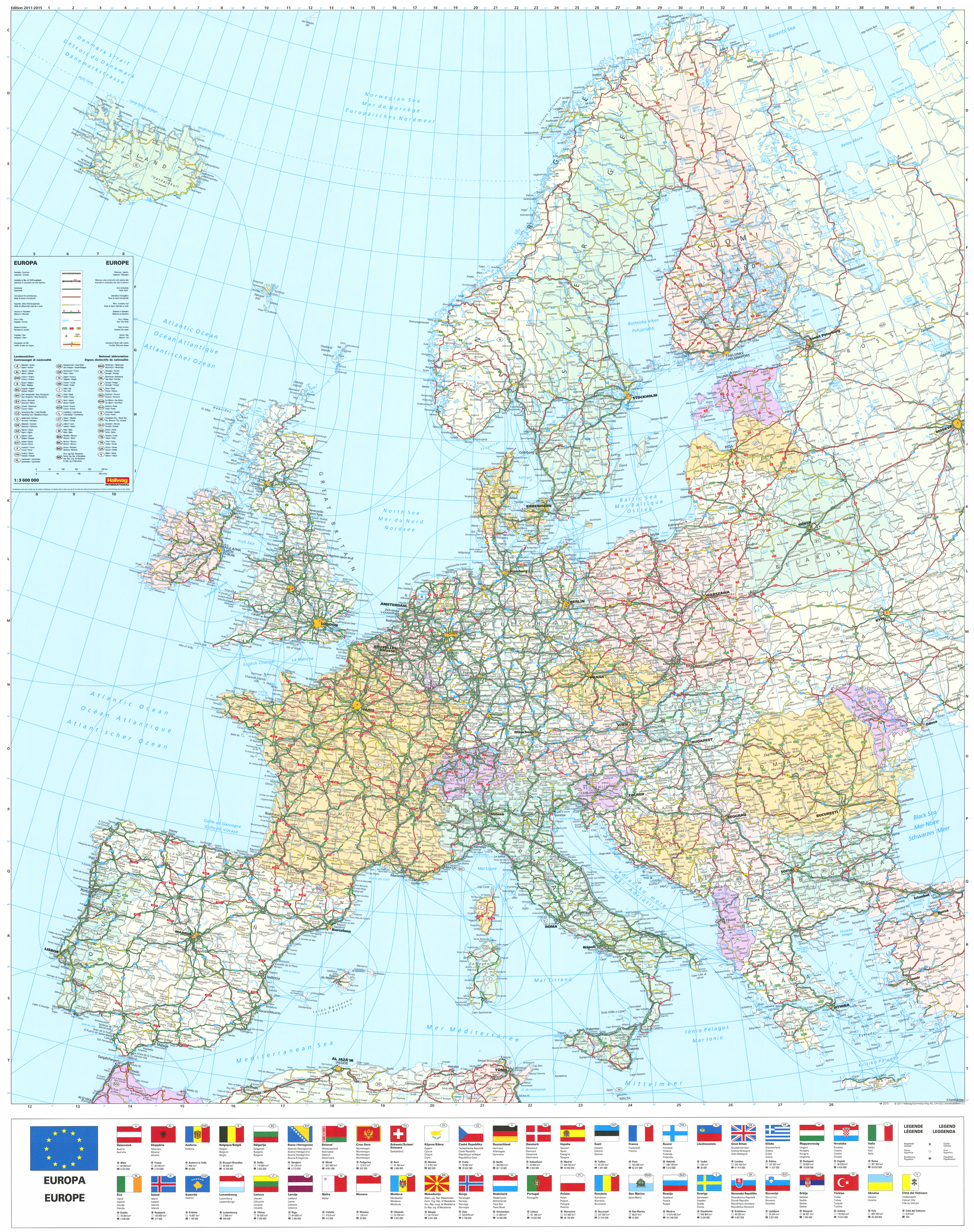 nástenná mapa Európa cestná III. s vlajkami štátov 113,4x99,6cm lamino, lišty