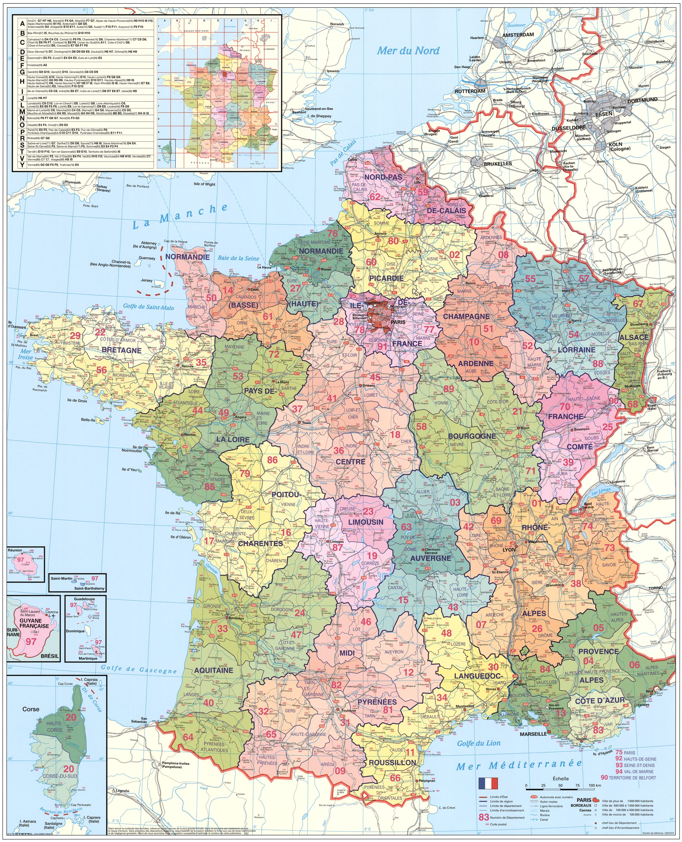 Francúzsko PSČ 97x137cm lamino, plastové lišty nástenná mapa