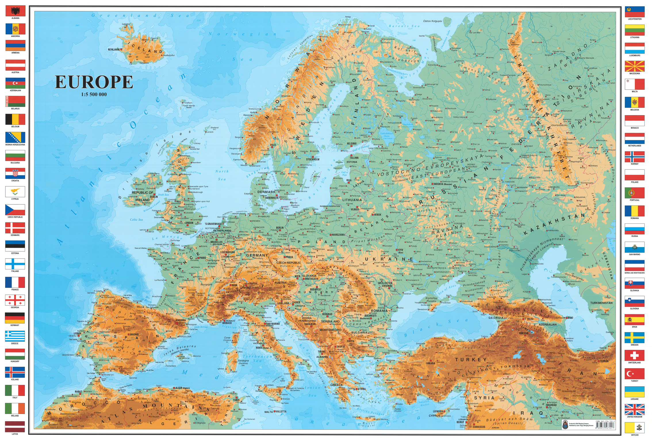 nástenná mapa Európa zemepisná s vlajkami 86x124cm lamino, lišty