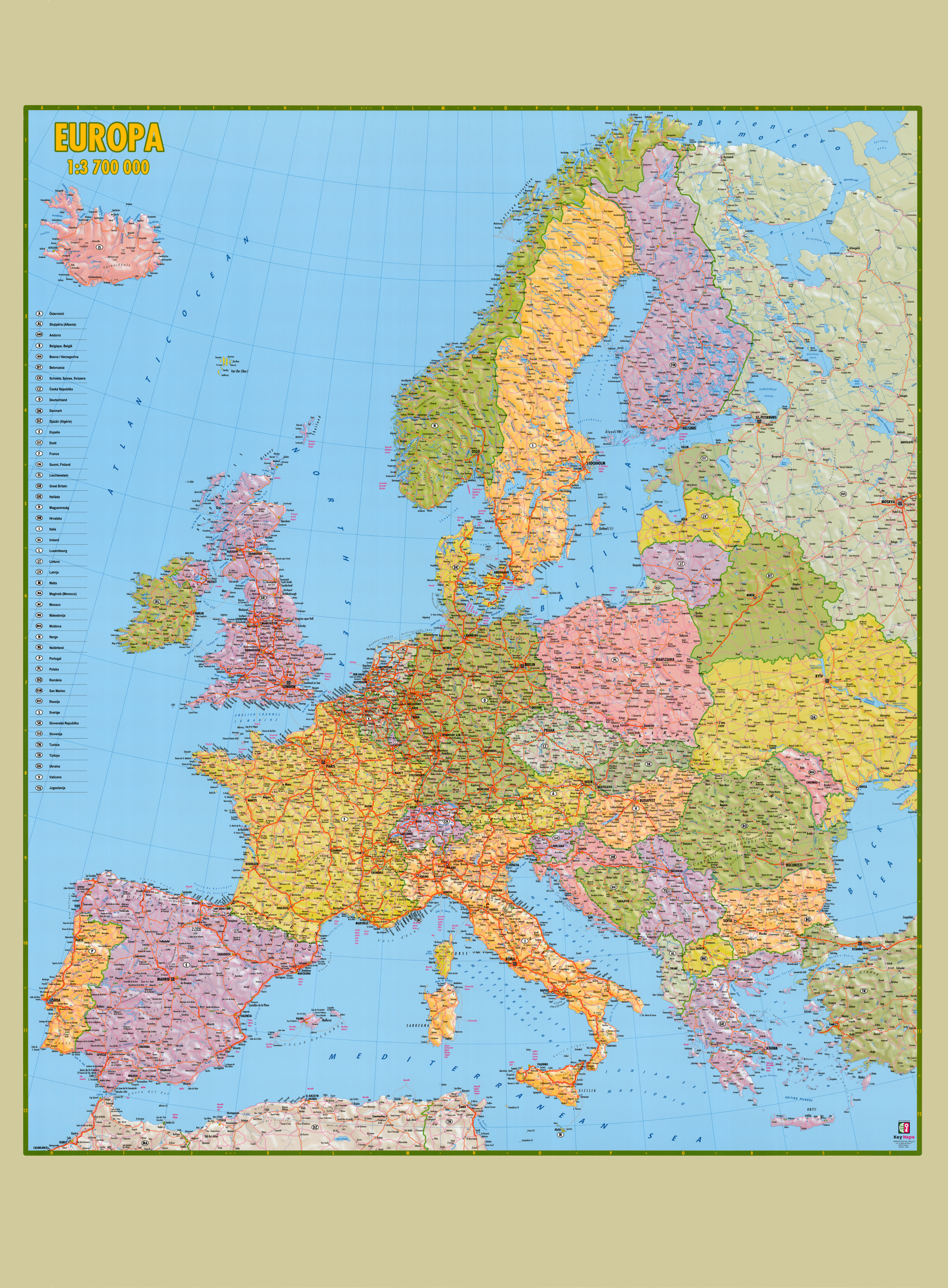 nástenná mapa Európa politická s cestnou sieťou 140x100cm lamino, lišty