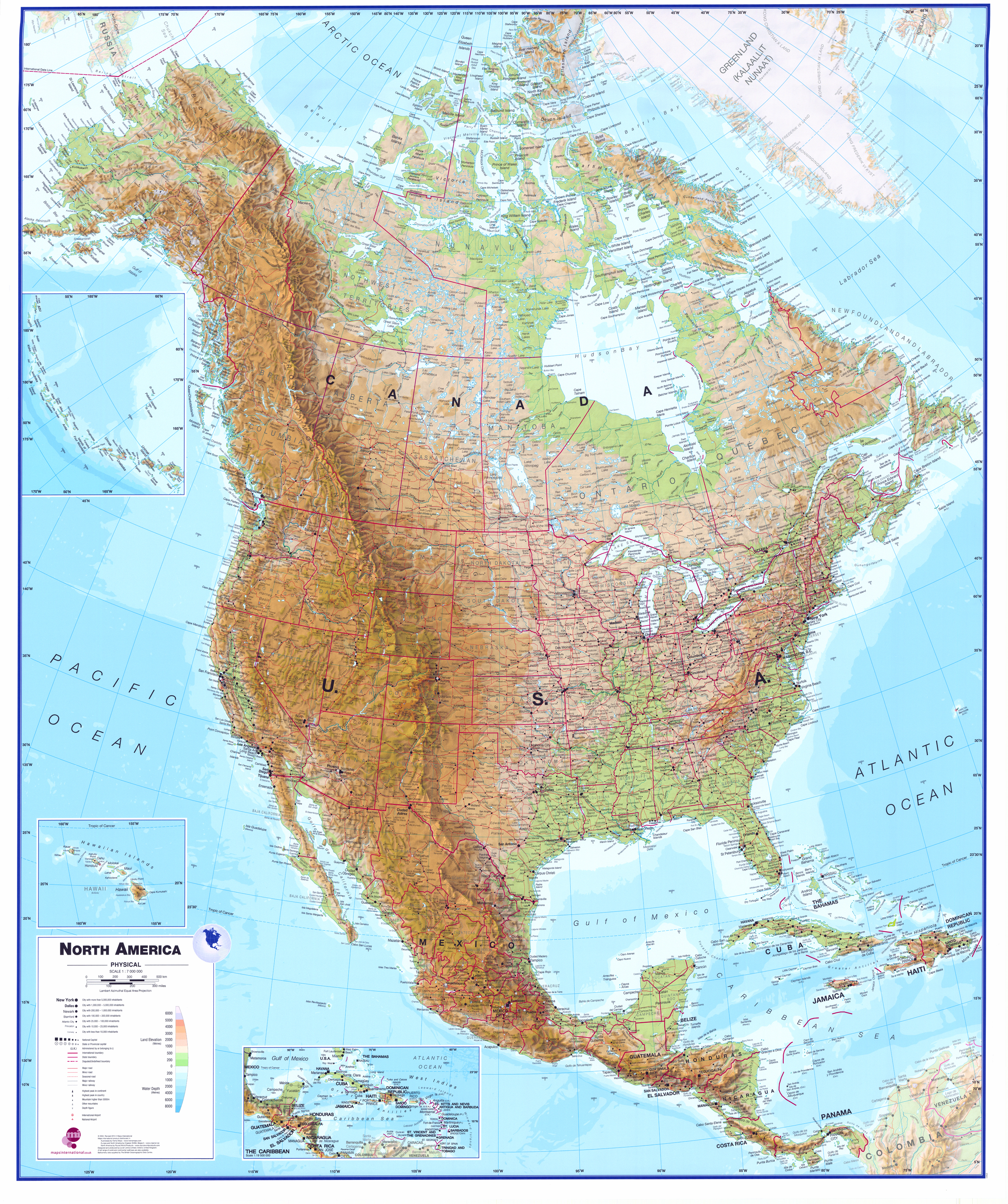 nástenná mapa Amerika severná fyzická 120x100cm lamino, lišty