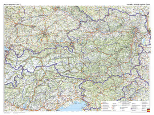 nástenná mapa Rakúsko cestná 90x119cm, 1:500t lamino, plastové lišty