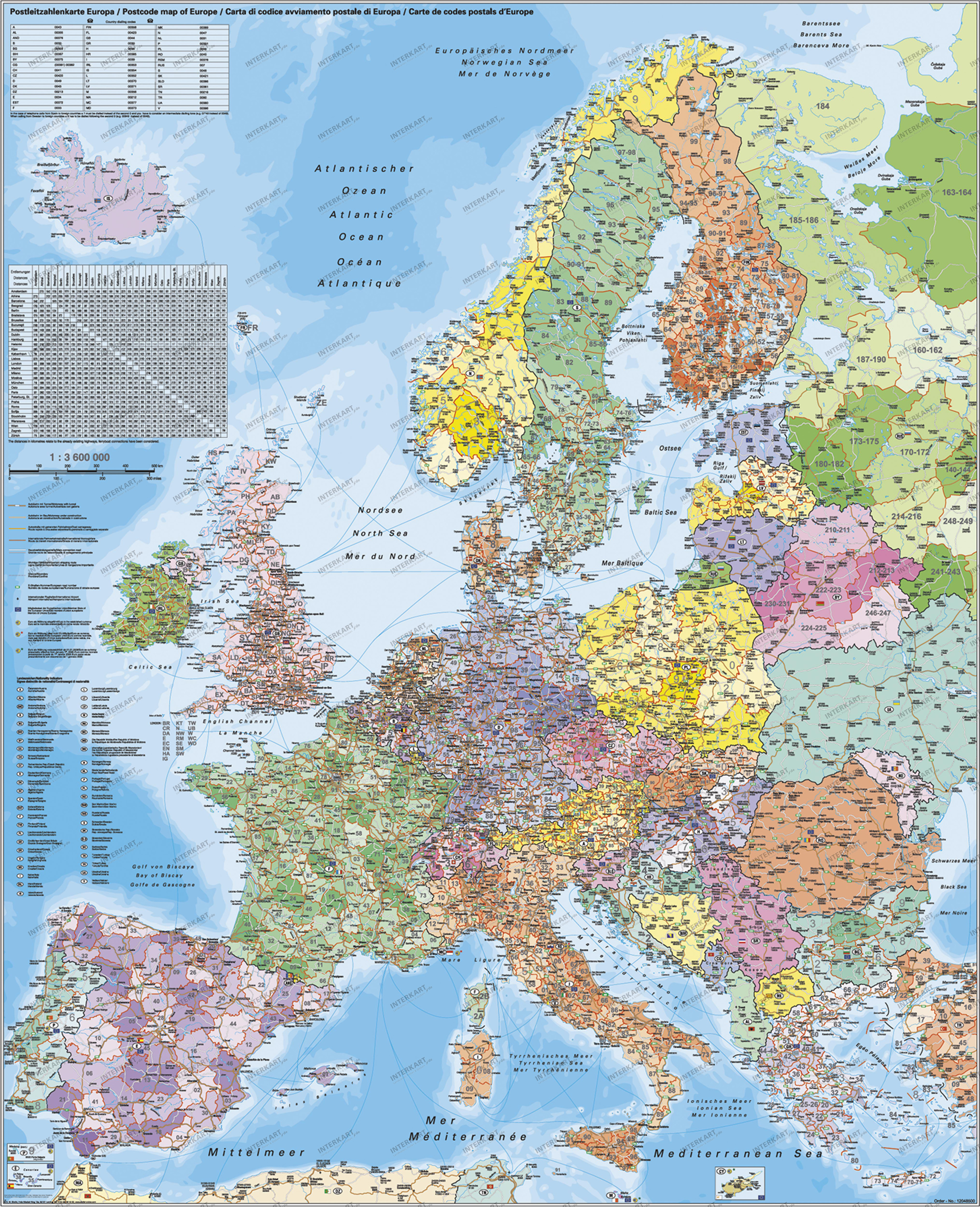Európa PSČ I. 140x100cm lamino, plastové lišty nástenná mapa 