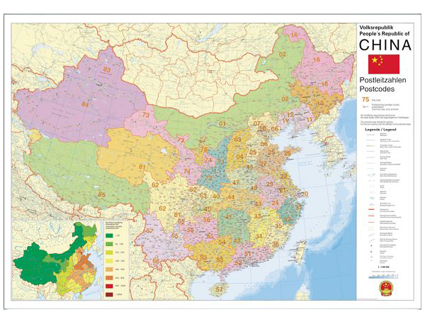 Čína PSČ 137x97cm lamino, plastové lišty ST nástenná mapa