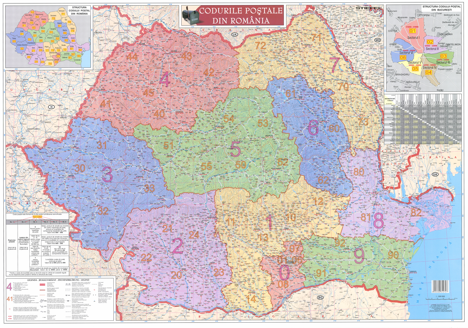 nástenná mapa Rumunsko PSČ 70x100cm lamino, lišty