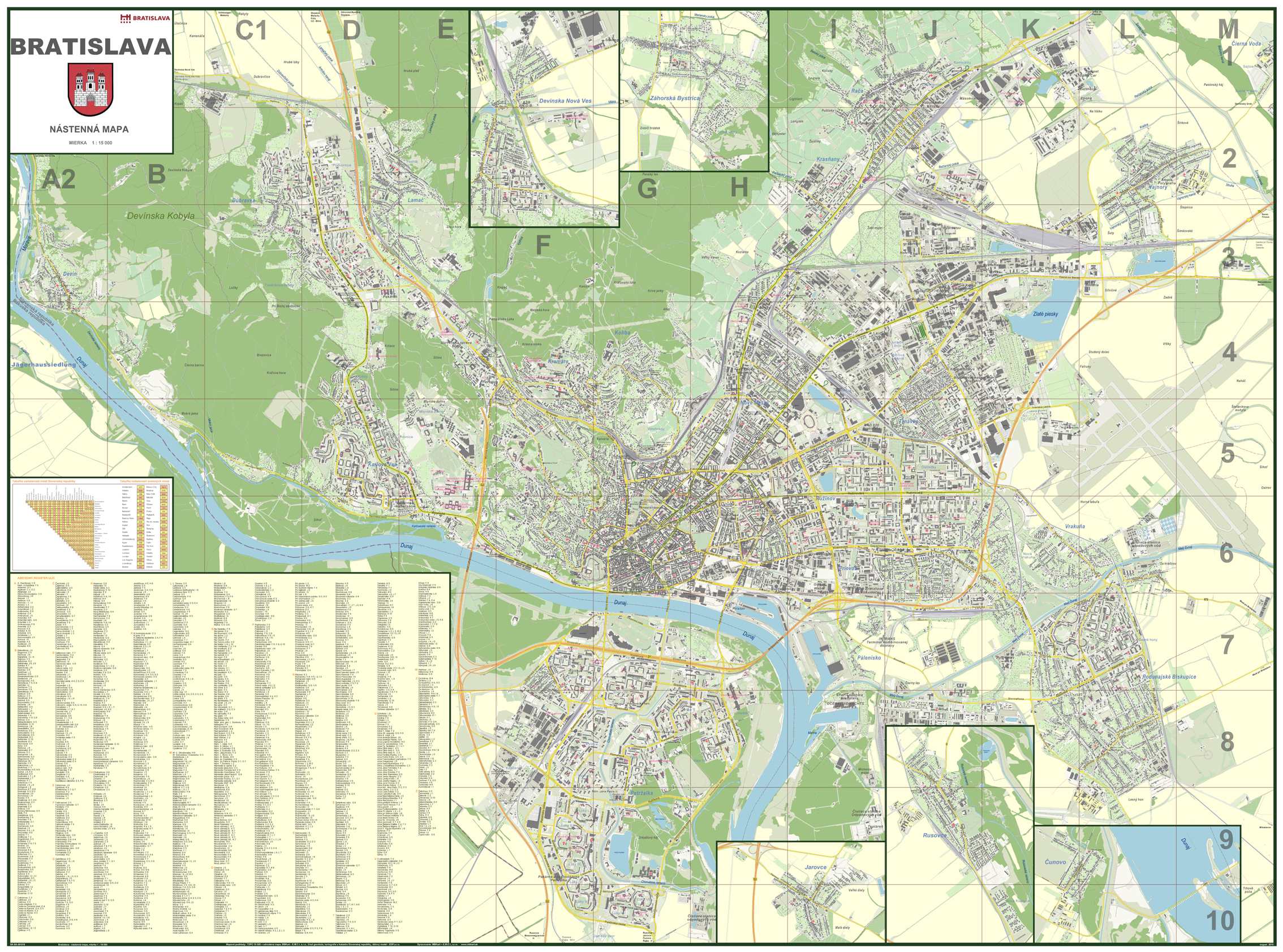 nástenná mapa Bratislava 98x132cm, 1:15t lamino, lišty nástenná mapa